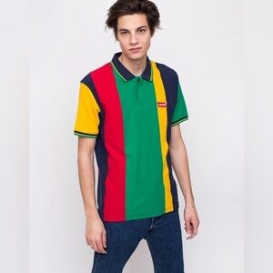Levi's Mens Size XL Modern Color Block Stripe Pique Polo Batwing Patch Logo
